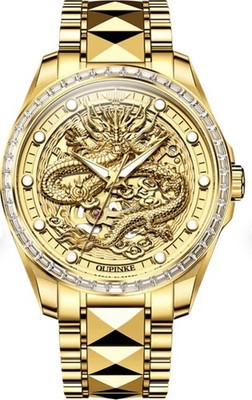 OUPINKE Men's Gold Tone Dragon Skeleton Dial Automatic Watch Tungsten 50m