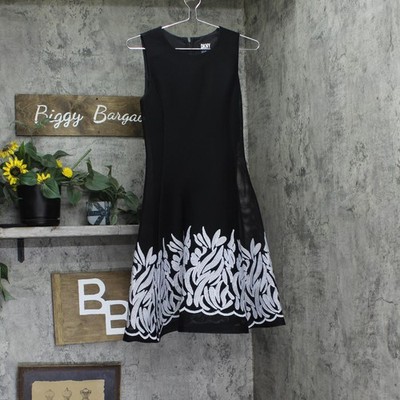 DKNY Womens Embroidered Mesh Sleeveless Fit Flare A-line Dress Black / Ivory 2