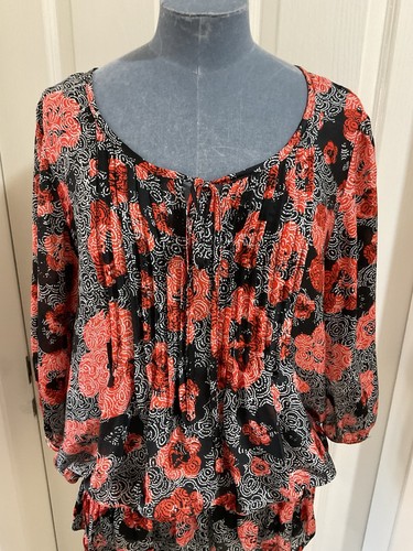 Wallis Size 14 Orange & Black Floral Pleated Tie Front Top Holiday Cruise - Picture 8 of 11