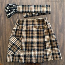 VTG Women's 60s 70s Brown Plaid Wool Mini Wrap Skirt W/ Sash Belt XS/S Pocket