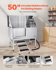 New Stainless Steel Dog Washing Station, 50 inch Pet Grooming Tub w/ Stairs, P