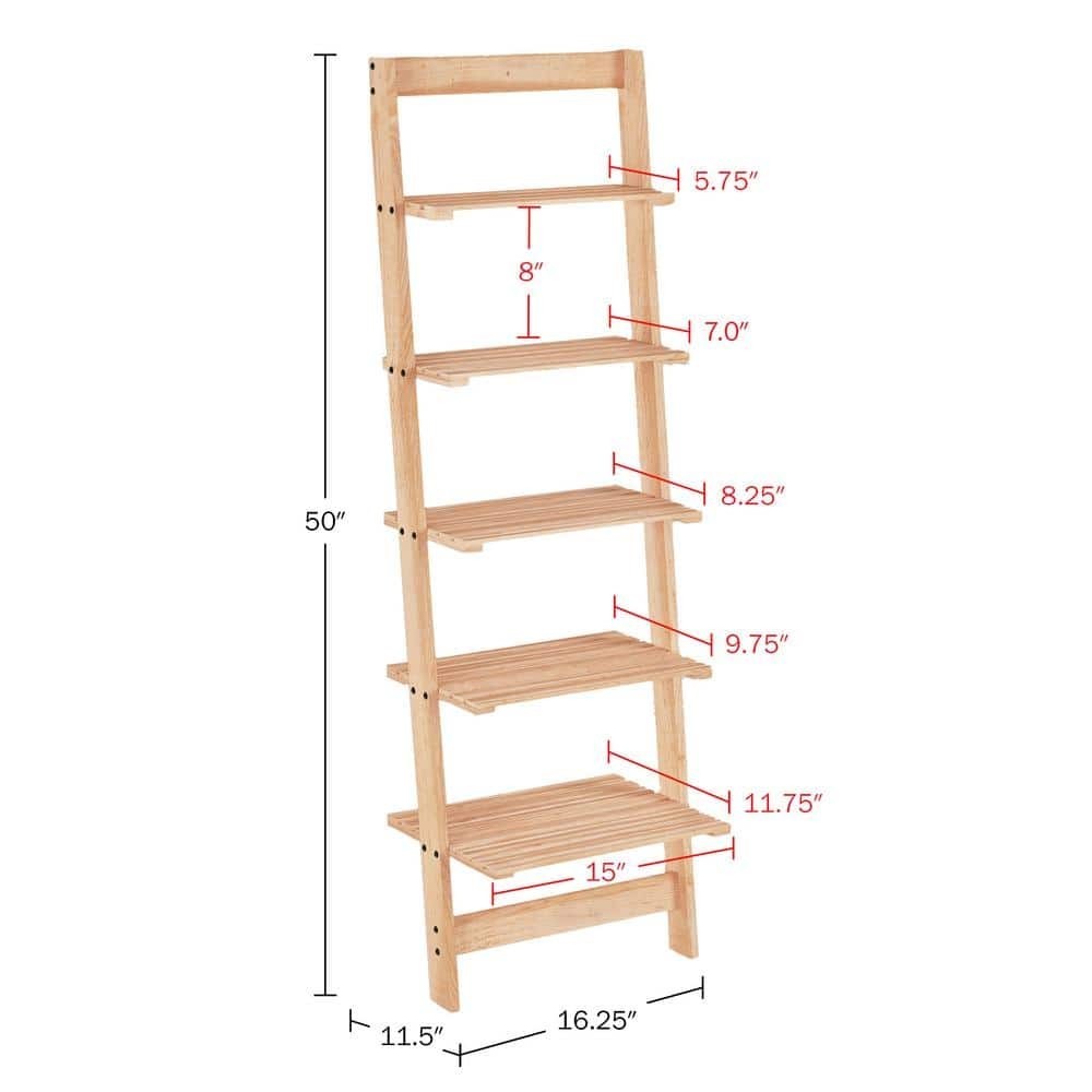 Lavish Home Ladder Bookcase Open Storage/Back Natural Unfinished Wood 5-Shelf