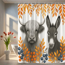 Farmhouse Autumn Shower Curtain with Cow and Donkey Design