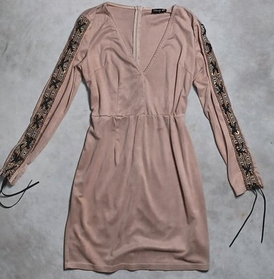Boho Bodycon Dress Womens Small Pink V-neck Lace Up Long Sleeve Short Faux Suede