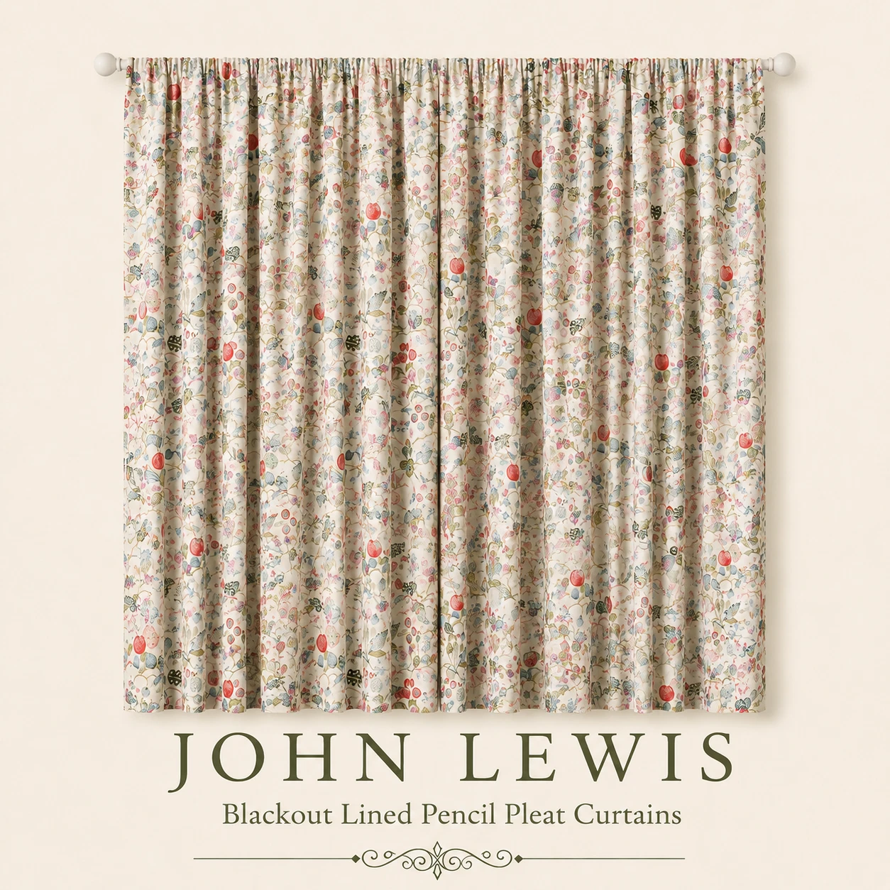 John Lewis Fruit Tree Print Blackout Lined Pencil Pleat Curtains Multi 228x137cm