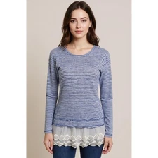 JOLT Tunic Blouse • Sheer Double Layer • Lace Trim • Blue Stripe • XS Feminine