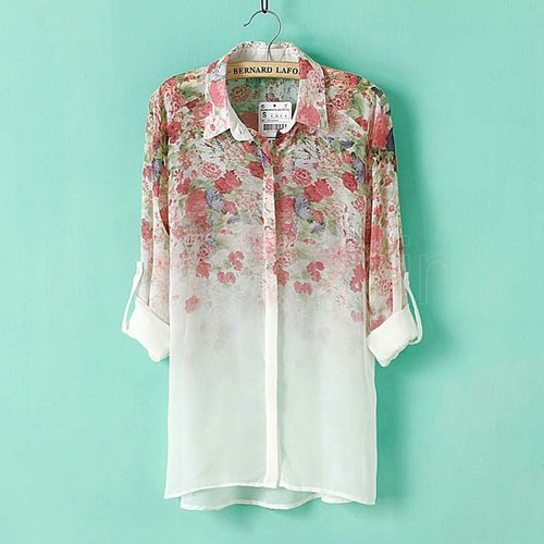 Women Lapel Collar Button Flower Chiffon Long Sleeve Women Shirt Tops Blouses Ne - Picture 7 of 7