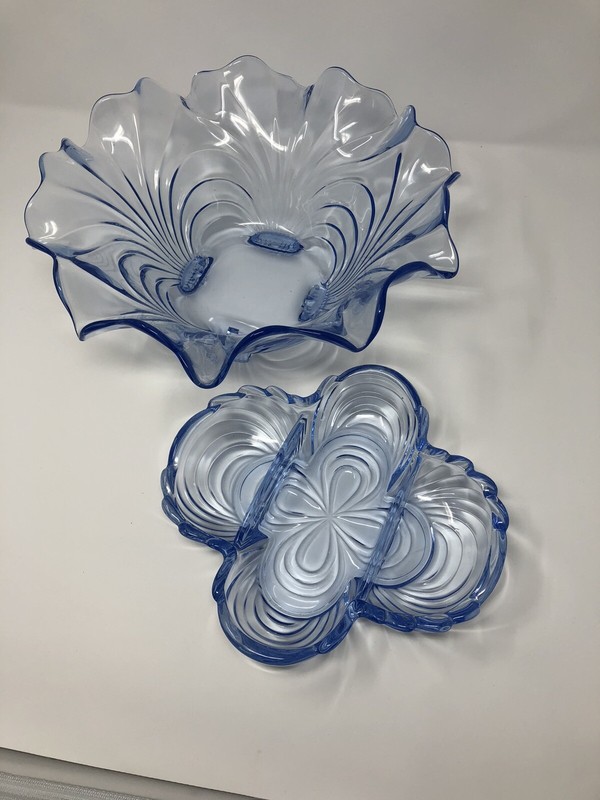 Vintage Cambridge Glass Caprice Moonlight Blue Lot - 4 Footed Bowl & Relish Tray