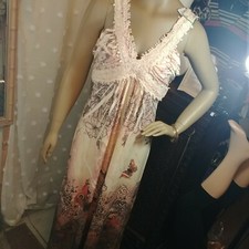 Anthropologie Lapis Beige Maxi Print Butterfly Crochet Maxi Dress Summer Large