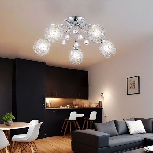 Plafoniera Lampada Letto Rete Metallica Cromata Cristalli LED D 54 CM - Foto 3 di 12