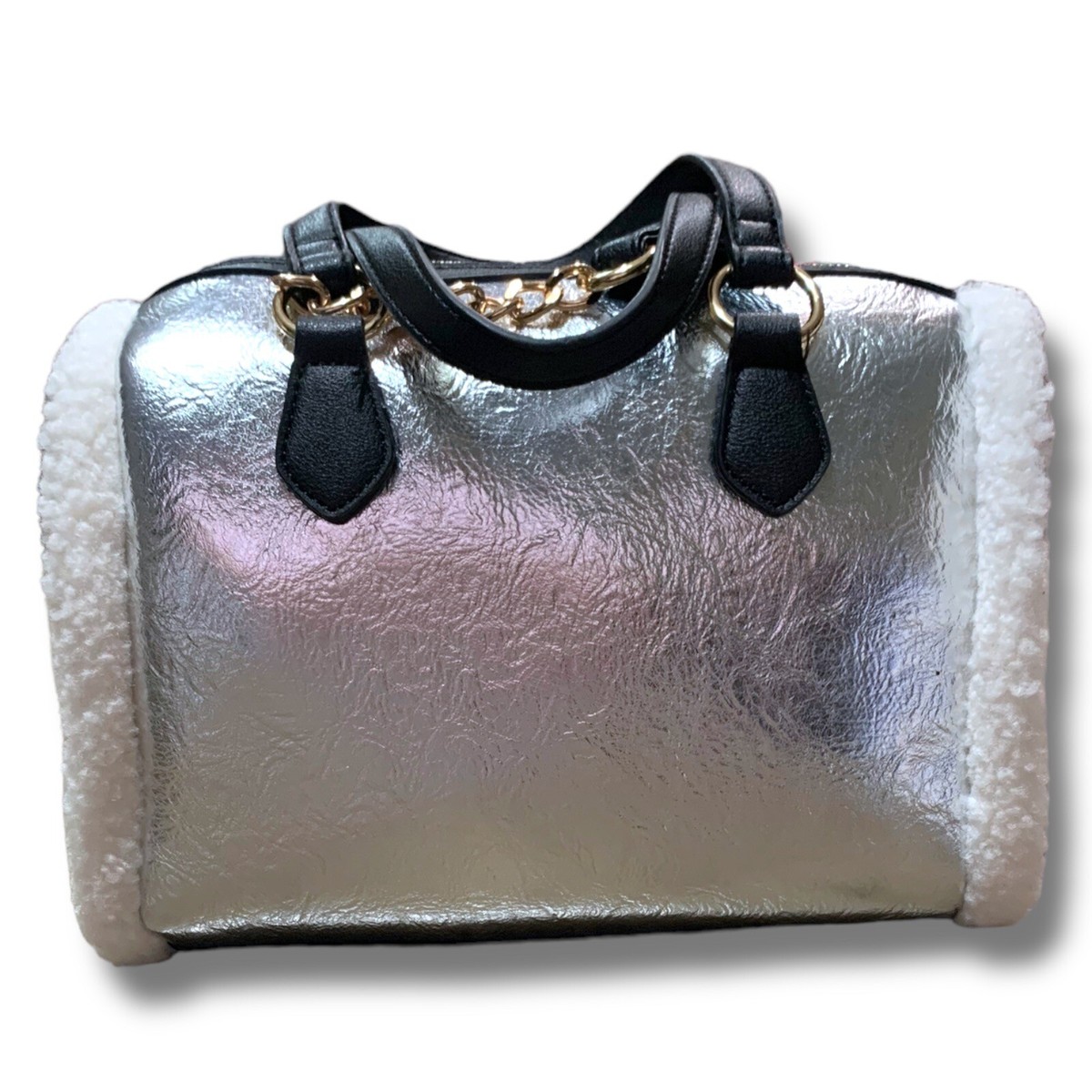 Juicy Couture Silver Shear Genius Satchel Sherpa Purse Bag Handbag