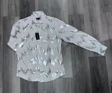 Barry Wang Shirt Size S White/Silver Paisley Fitted Silk Blend Long Sleeve-A0024