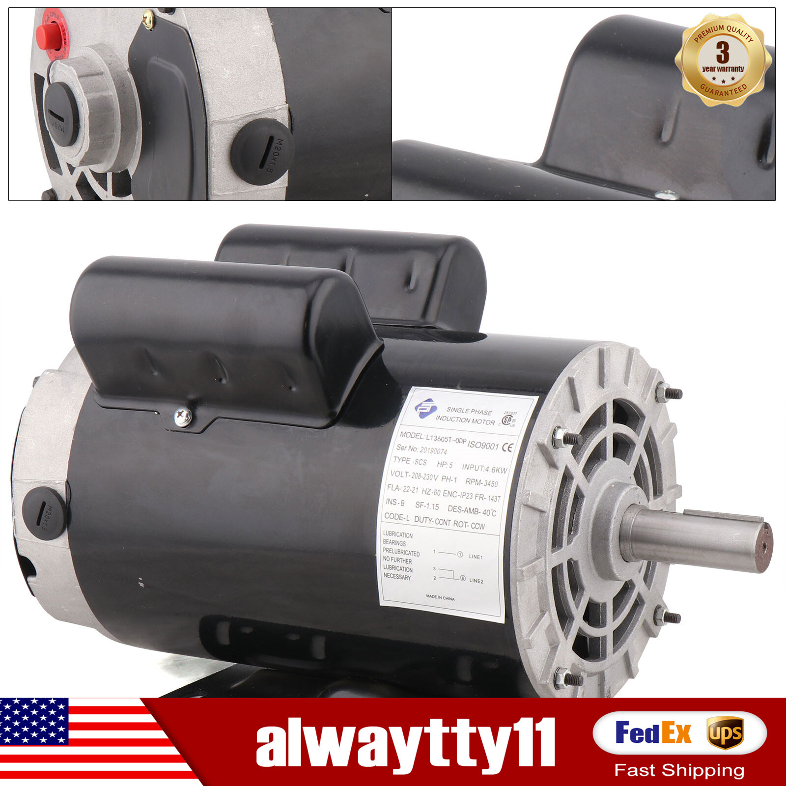 5 HP 3450 RPM Air Compressor 60 Hz Electric Motor 208-230 V Century 7/8'' Shaft