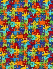 Kids Fabric - Autism Rainbow Colorful Puzzle Pieces - Timeless Treasures YARD