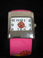 Womans Basketball Silver Tone Rectangle Case Pink Hinge Band Watch 6 Inch