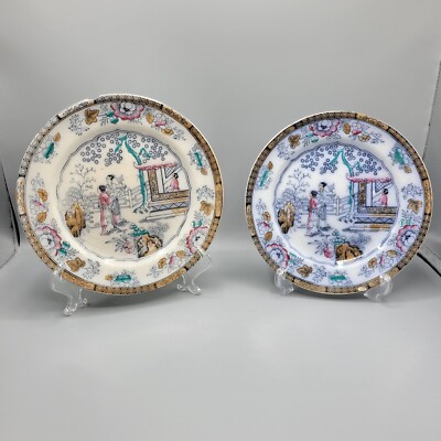 Antique Pair Of English Polychrome Chinoiserie Plates, ''The Tea House'' 