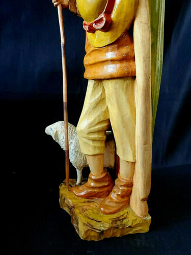 VINTAGE 'SHEPHERD WITH LAMB' - HAND-CARVED & PAINTED WOOD SCULPTURE (16") - Picture 6 of 12