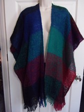 Vintage Glenty Open Front Fuzzy Acrylic Poncho Plaid Fringe Hippie Boho One Size