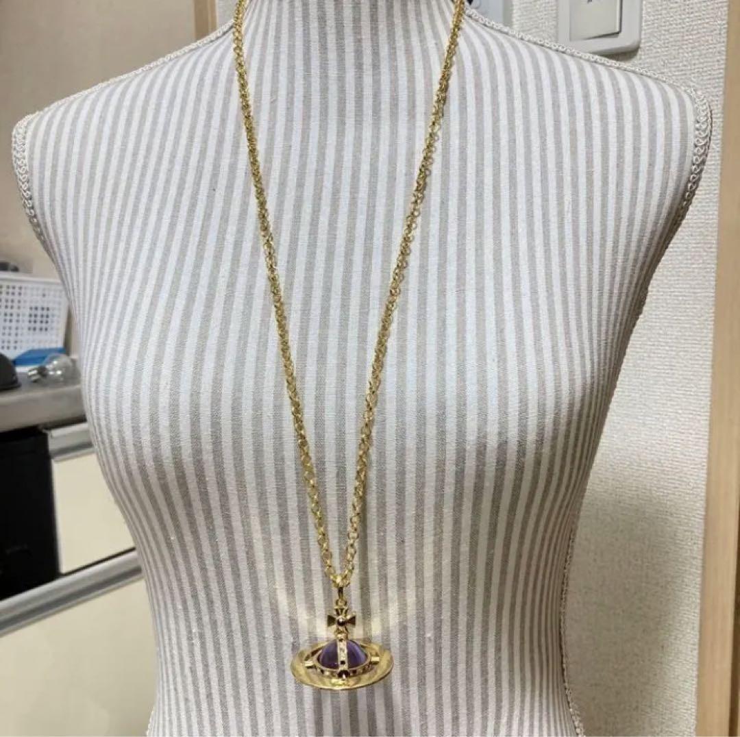 Vivienne Westwood Necklace Small Orb Gold Purple Chain 80cm Top