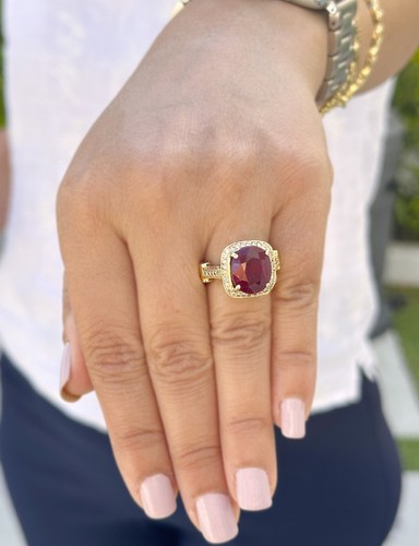 14K Solid Yellow Gold Oval Ruby And Round Cut Diamonds Ring Halo Filigree 7.50 - Picture 3 of 16