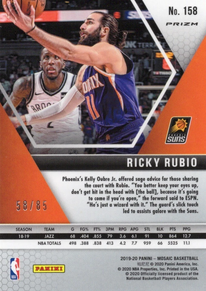 2019-20 Panini Mosaic - Ricky Rubio #158 Fast Break Blue Disco Prizm /85 - Suns - Image 2 of 2