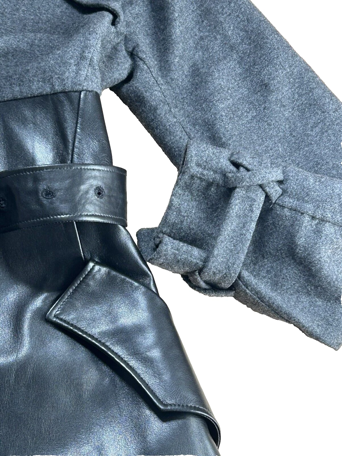 SAINT LAURENT (YSL) YSL Yves Saint Laurent Giacca cappotto cintura aperta in pelle nera e lana vergine 38