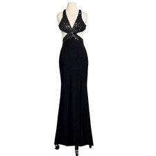 Mac Duggal Black Cutout Waist Beaded Crisscross Bodice Evening Formal Dress Sz 2