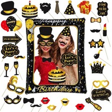 Birthday Photo Booth Props Black Gold Inflatable Selfie Frame Decor 30 PCS
