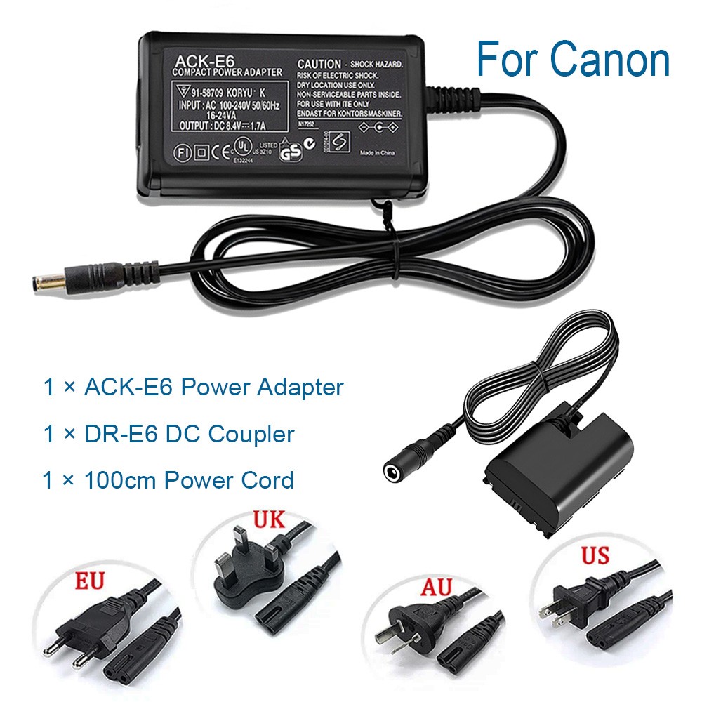 ACK-E6 AC Power Adapter Supply For Canon EOS 60D 80D 90D 60Da R7 7D 5D2 5D3 5D4 