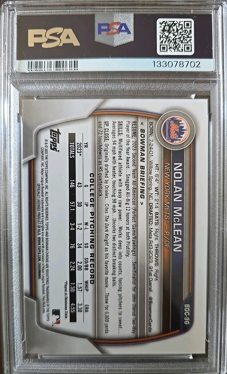 💥PSA POP 1💥 Nolan McLean 2023 Bowman Chrome Sapphire 1st IP Auto