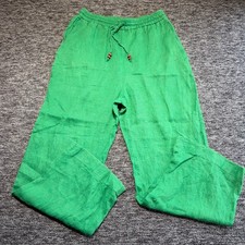 Zara Linen Trousers Womens Large  Green Wide Leg Elastic Waist Summer Pants Boho