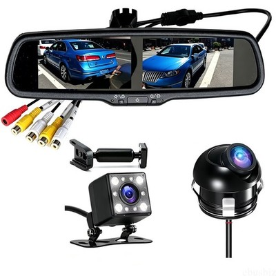 4.3'' Dual Split Screen Car Mirror Monitor+ 2x Front Rear View Backup Cameras Kit