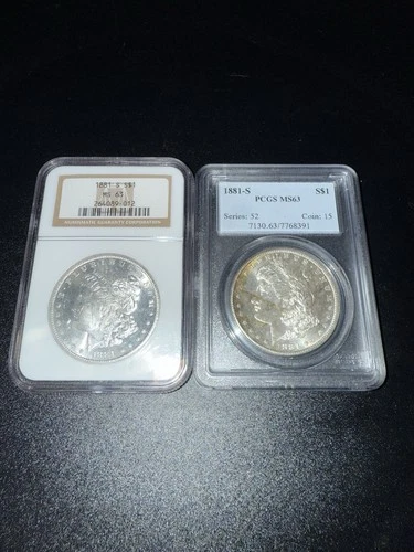 Lot of 2- 1881-S one has toning across face-Morgan Dollars MS63 PCGS & NGC