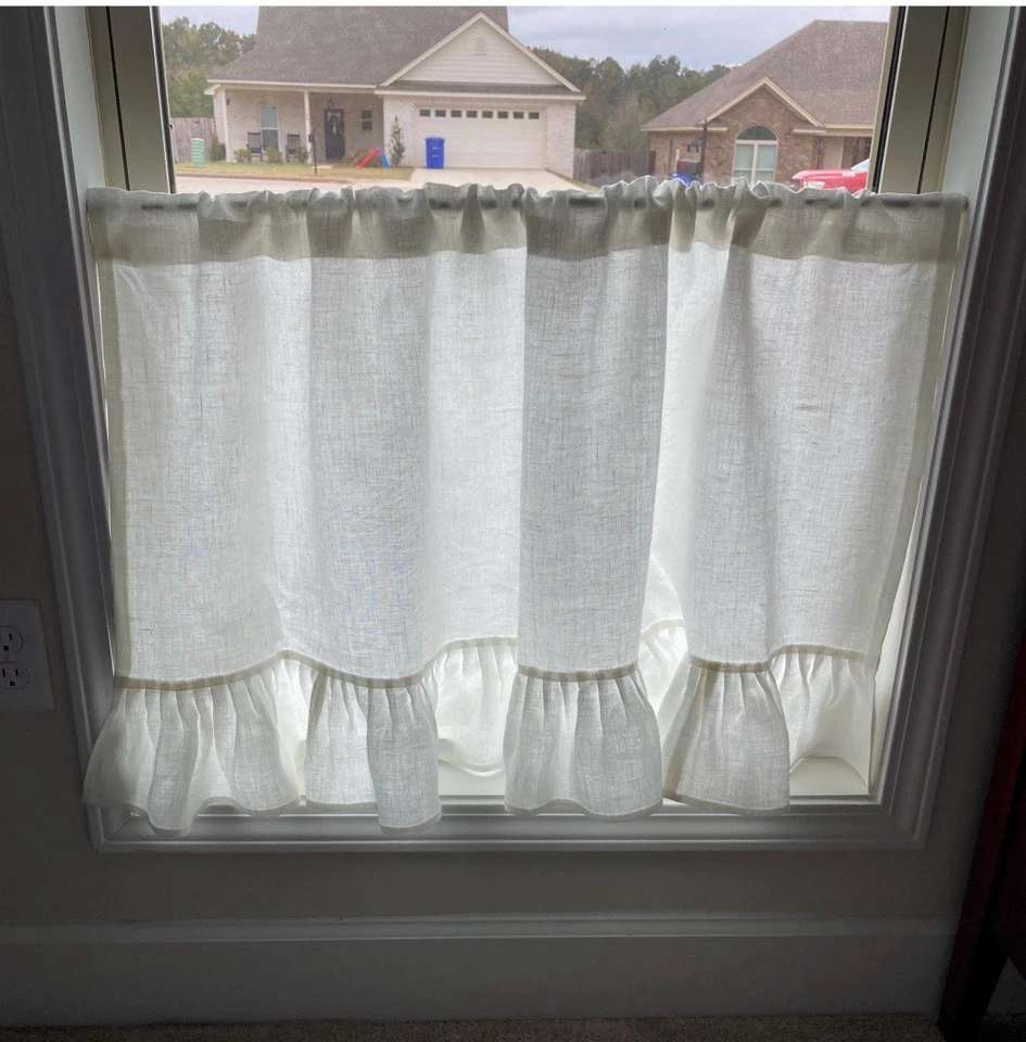 Cortina de lino con volantes o falda de fregadero 46W X 24L cortina de lino blanco Foto 2 de 3