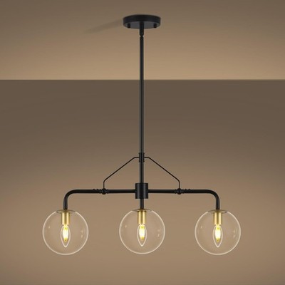 Modern 3-Light Linear Chandelier for Dining Room - Black & Gold Finish