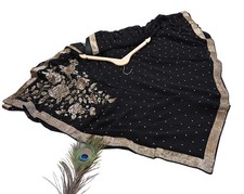 Rare Vintage Black Blend Georgette Saree Hand Embroidered Fabric 5.5 Yard Sari