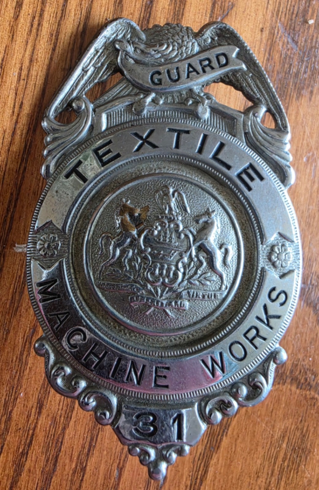 Guard badge from the Textile Machine Works, Wyomissing Industries, Reading Pa