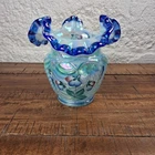Fenton Glass Open-Heart Arches Vase Iridescent Blue Crest Pansies Nicholas Kopp