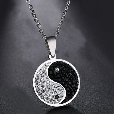 Schwarz & Silber Lucky Steel Halskette Yin Yang Tai Chi Anhänger + 53CM Kette