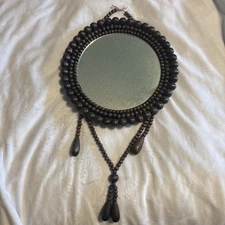 MCM wood beaded round mirror 70's home decor, vintage boho bead mirror Small