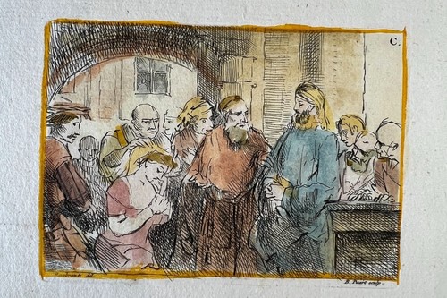 c. 1734 Hand-Colored Engraving of REMBRANDT'S "Christ and the Adulterous Woman"