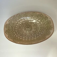 Turkish Glass Pink Oval Bowl Serving Salad Dinner Gold Lace Print Handmade