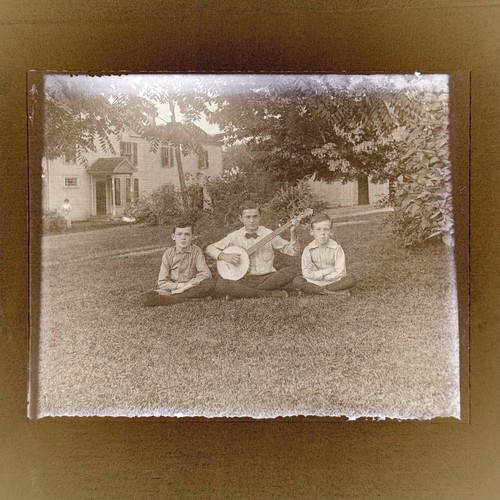 Antique Glass Plate Negative c1901 Boys Brothers On Lawn Banjo Rural Americana