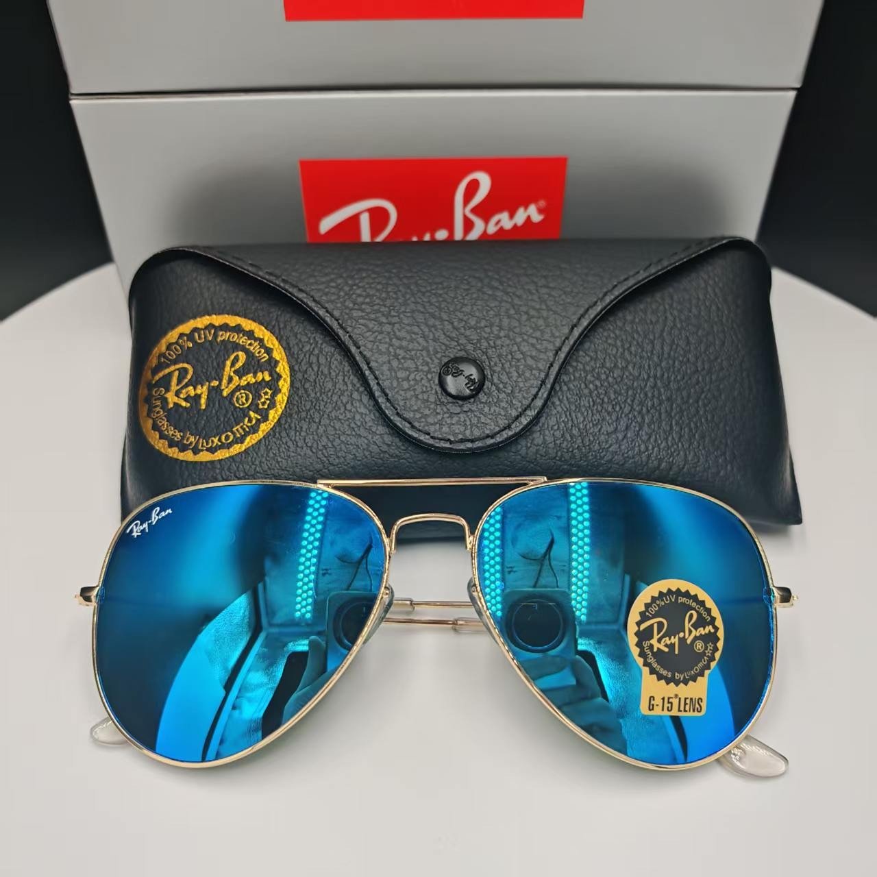 Nuovi occhiali da sole Ray-Ban RB3026 aviatore 138 mm montatura oro 62 mm lenti blu G15 foto 4