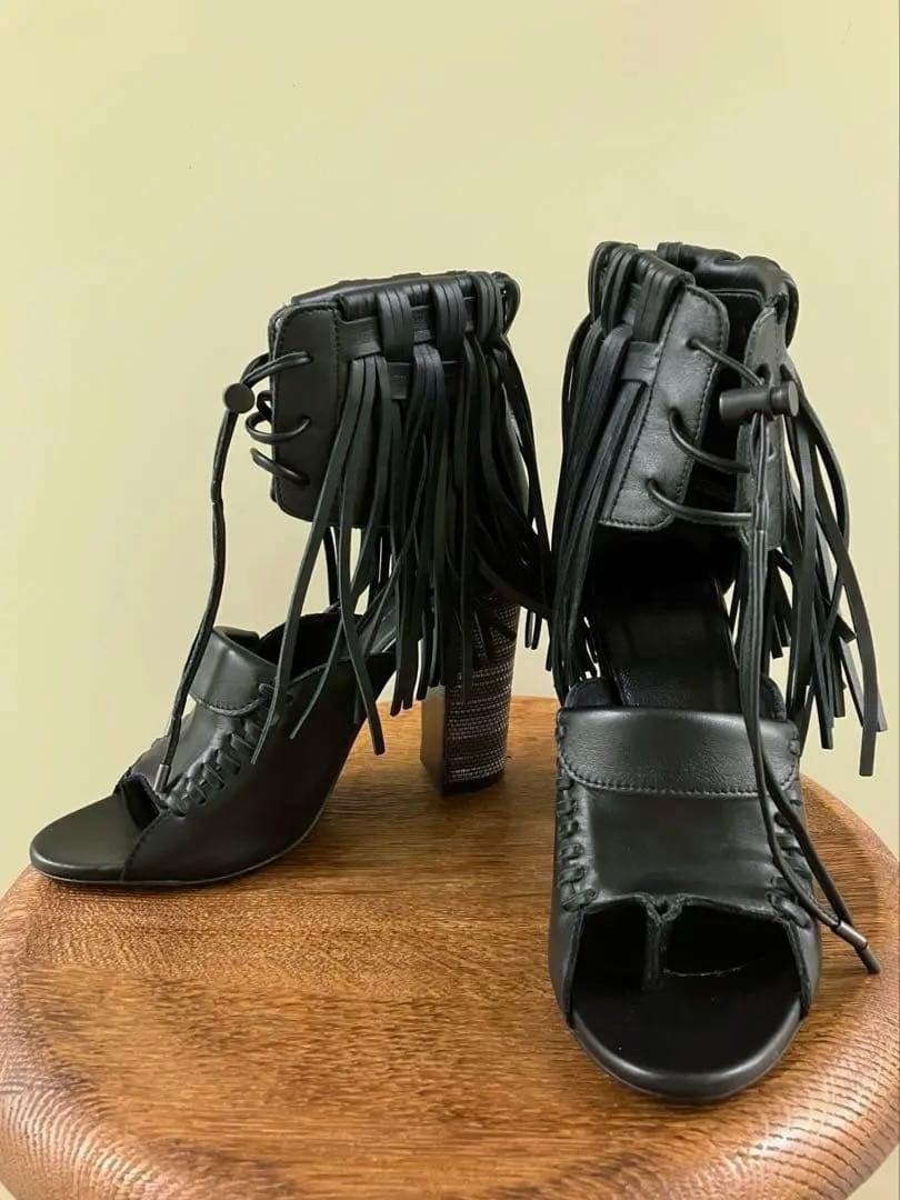 DIESEL BLACK GOLD Black Leather Fringe Chunky Heel Boots Sandals Size 37 Japan thumbnail 5