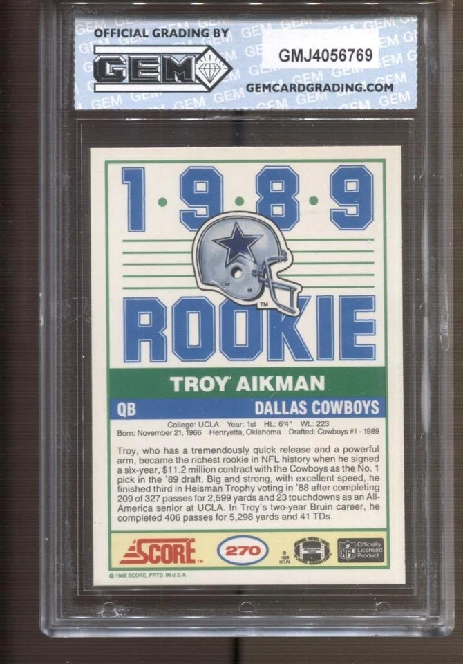 1989 Troy Aikman Score #270 Gem Mint 10 RC Rookie Dallas Cowboys - Image 2 of 2