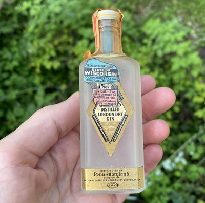 W&A Gilbey's Distilled London Dry Gin Bottle, EMPTY 1/10 pt, Frosted w tax stamp