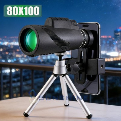80x100 Zoom Lens Monocular Telescope for Phone Camera HD Hiking Hunting w/Tripod