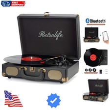 Vinyl Record Player 3-Speed Bluetooth Suitcase Portable Belt-Driven Record Pl...