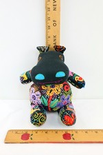 Handmade Embroidered Hippo Plush Doll Folk Art Colorful Floral Decor Boho